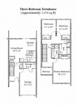 Floor plan for 3 beds, 2.5 baths, 1300 sqft